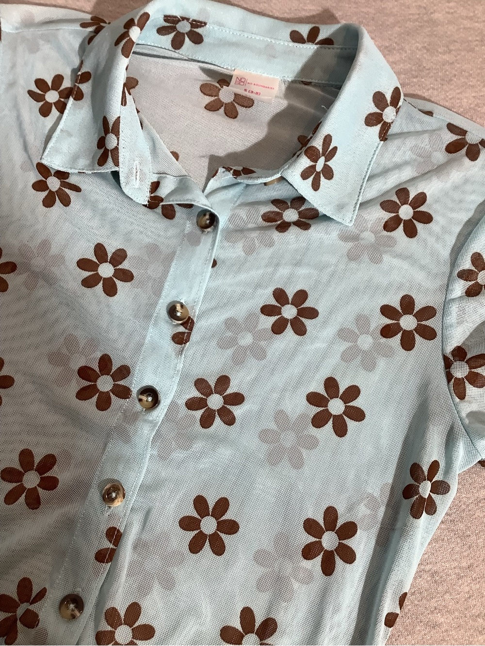 Sheer Light Blue Floral Button-Front Women's Top - Picture 2 of 4